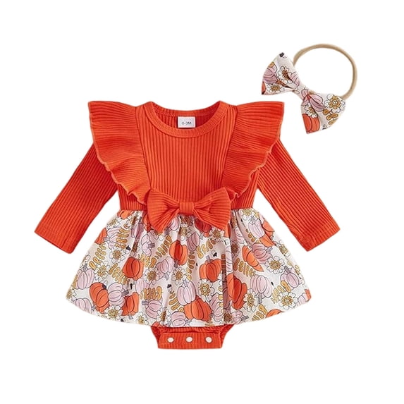 Ulanda Newborn Baby Girl Halloween Outfit Ruffle Long Sleeve Pumpkin Print Ribbed Romper Dress Headband 2Pcs Set (Orange, 0-3 Months)