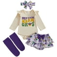 thumbnail image 1 of Ulanda Newborn Baby Girl Mardi Gras Clothes Ruffle Long Sleeve Romper Tutu Skirt Leg Warmers Headband Set (Beige, 6-12 Months), 1 of 9