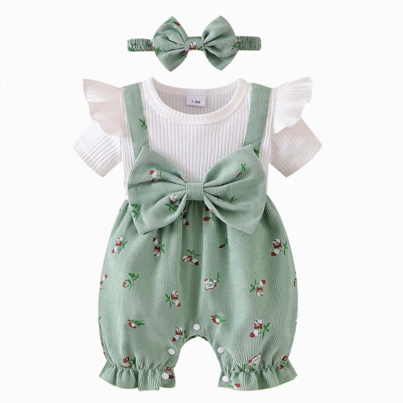 Ulanda Newborn Baby Girl Summer Clothes Short Sleeve Bubble Romper Bow Shorts Jumpsuit Infant Outfit 0 3 6 9 12 18 Months (Light Green, 3-6 Months)