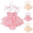 thumbnail image 1 of Ulanda Newborn Baby Girl Summer Outfit Sleeveless Ruffle Smocked Halter Tulle Romper Dress One-piece Jumpsuit Clothes (Beige, 18-24 Months), 1 of 7