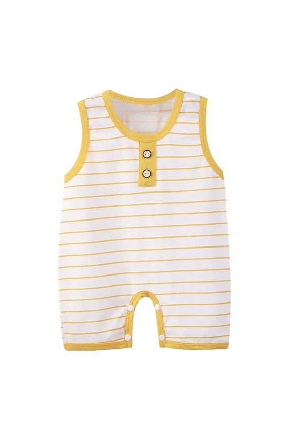 Newborn Boys Stripe Romper Infant Cotton Sleeveless Jumpsuits Summer Cute Trendy Casual Button Baggy Onesie Jumpsuit (Yellow, 0-3 Months)