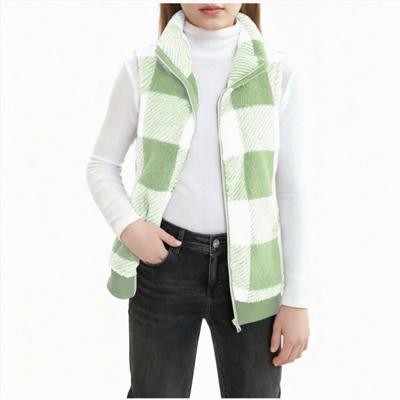 Ulanda Plaid Jacket for Teen Girls Sleeveless Fleece Vest Full Zipper Stand Collar Jacket Warm Outwear Teen Shacket Clothes (Green, 7-8 Years)