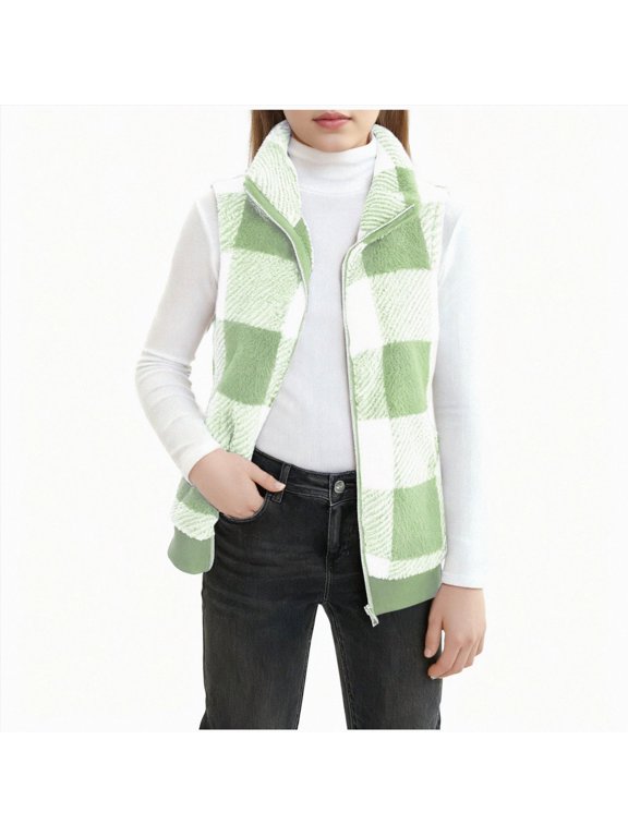 Plaid Jacket for Teen Girls Sleeveless Fleece Vest Full Zipper Stand Collar Jacket Warm Outwear Teen Shacket Clothes (Green, 7-8 Years)