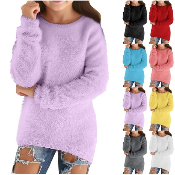 Ulanda Sweaters for Girls 2025 Fall Fashion Casual Lightweight Long Sleeve Cozy Pullovers Loose Fluffy Fuzzy Jumper Sweater (White, 15-16 Years)