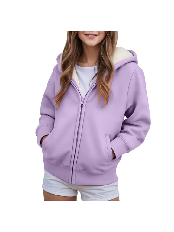 Teen Girls Oversiezd Zip Up Sweatshirts Cute Fleece Kids Hoodies Youth Long Sleeve Fleece Active Sport Jacket Coat (Purple, 7-8 Years)