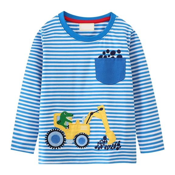 Ulanda Toddler Baby Boy Embroidered Graphic Long Sleeve T-Shirt Excavator Tops Kids Striped Tees (Sky Blue, 5-6 Years)