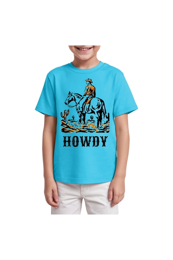 Toddler Baby Boy Howdy Shirt Rodeo Western Graphic Letter Short Sleeve T-Shirt Kids Funny Cowboy Summer Tee Tops (Sky Blue, 3-4 Years)