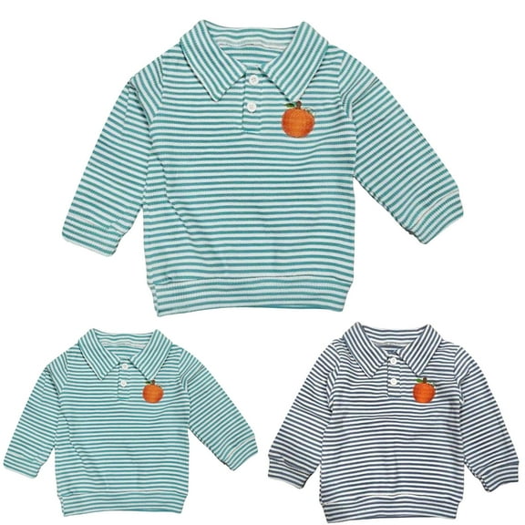 Ulanda Toddler Baby Boy Outfit Waffle Striped Long Sleeve Polo Shirt Button Up Pullover Top (Green, 6-12 Months)