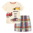 thumbnail image 1 of Ulanda Toddler Baby Boy Summer Clothes Cars Print Short Sleeve T-Shirt Tops Jogger Shorts Set 1T 2T 3T 4T Kids Outfit (Light Yellow, 4-5 Years), 1 of 9