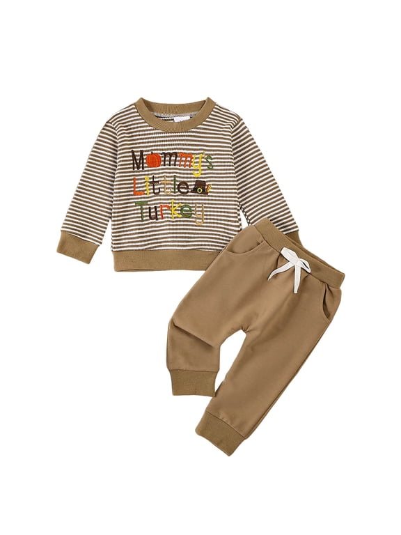 Toddler Baby Boy Thanksgiving Outfit Turkey Embroidery Crewneck Sweatshirt & Jogger Pants Fall Thanksgiving Clothes (Khaki, 2-3 Years)