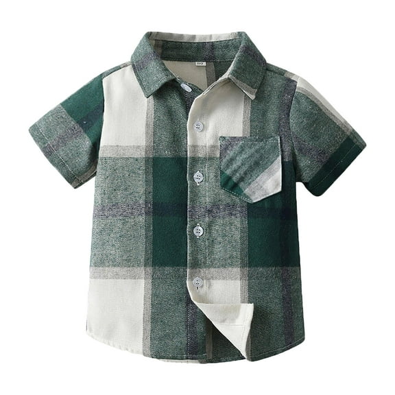 Ulanda Toddler Baby Boys Classic Plaid Flannel Shirt Short Sleeve Button Down Shirts Top Summer Fall Toddler Girl Outfits (Green, 12-18 Months)