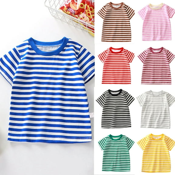 Ulanda Toddler Baby Boys Girls Striped Color Block Short Sleeve T Shirts Kids Casual Crewneck Shirt Cute Crop (Brown, 3-4 Years)