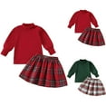 thumbnail image 1 of Ulanda Toddler Baby Girl Christmas Outfit Long Sleeve Turtleneck Ribbed Top Plaid A-line Skirt 2Pcs Set (Green, 2-3 Years), 1 of 9