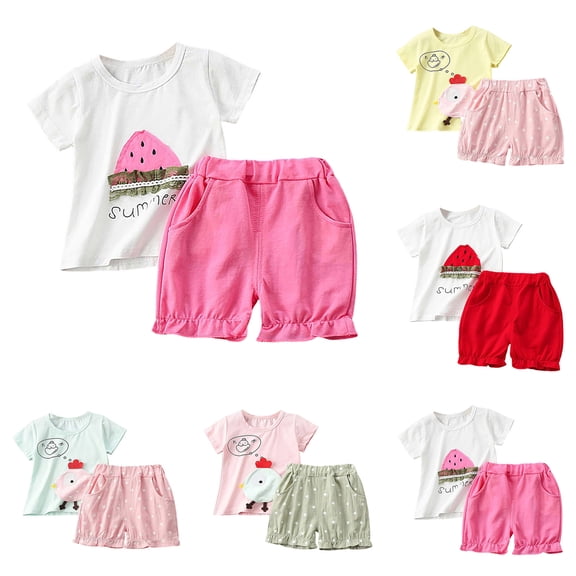 Ulanda Toddler Baby Girl Clothes Watermelon Summer Outfits Kids Sleeve T-Shirt Tops Shorts Sets (Hot Pink, 6-12 Months)