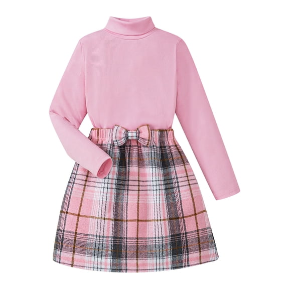 Ulanda Toddler Baby Girl Fall Winter Clothes Long Sleeve Ribbed Shirt Top Corduroy Mini Skirt Plaid A-line Dress Outfit (Pink, 4-5 Years)