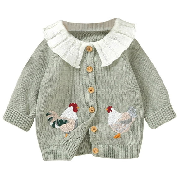 Ulanda Toddler Baby Girl Sweater Cardigan Chicken Embroidery Doll Collar Button Down Knit Jacket Fall Winter Coat Knitwear (Green, 6-9M)