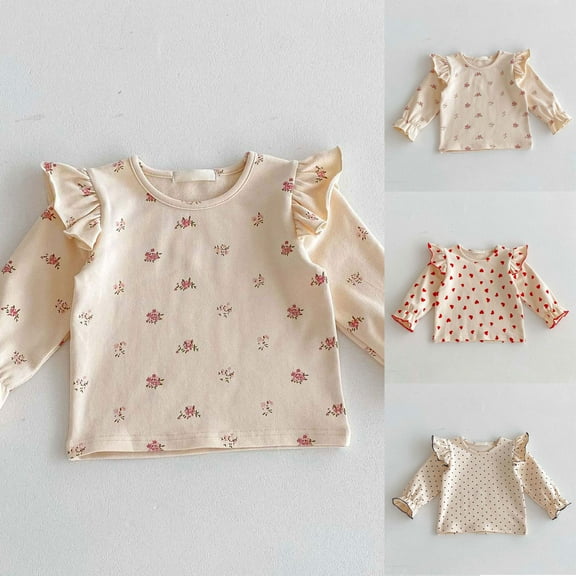 Ulanda Toddler Baby Girls Cute Print T-Shirt Little Kids Basic Crewneck Ruffle Sleeve Tee Tops Cotton Casual Clothes (Red, 12-18 Months)