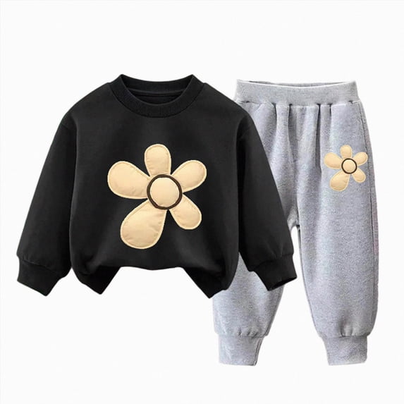 Ulanda Toddler Baby Girls Flower Print Clothes Set Long Sleeve Top and Pants 2pcs Outfits Fall Clothes (Black, 2-3 Years)