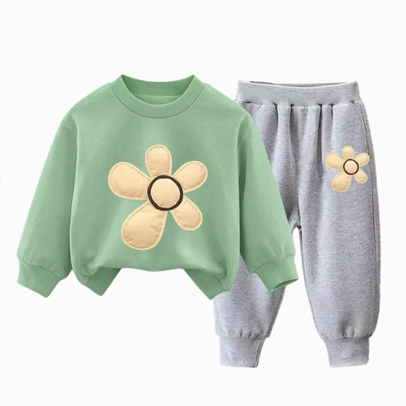 Ulanda Toddler Baby Girls Flower Print Clothes Set Long Sleeve Top and Pants 2pcs Outfits Fall Clothes (Green, 1-2 Years)