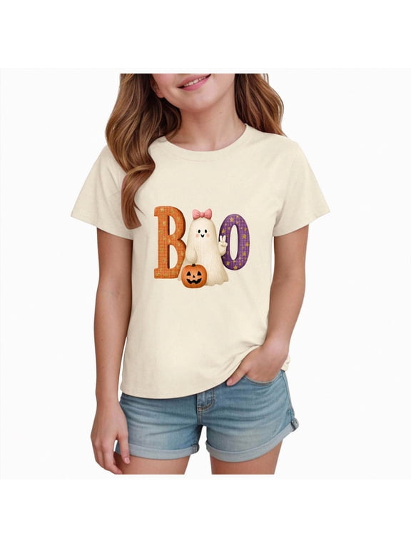 Toddler Baby Girls Halloween T-Shirt Ghost Graphic Shirt Kids Cute Funny Spooky Season Short Sleeve Tees Top (Beige, 1-2 Years)