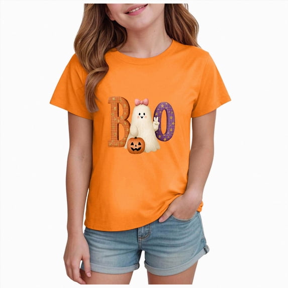 Ulanda Toddler Baby Girls Halloween T-Shirt Ghost Graphic Shirt Kids Cute Funny Spooky Season Short Sleeve Tees Top (Orange, 9-10 Years)