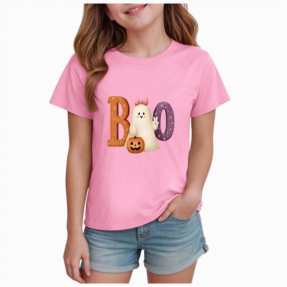 Ulanda Toddler Baby Girls Halloween T-Shirt Ghost Graphic Shirt Kids Cute Funny Spooky Season Short Sleeve Tees Top (Pink, 1-2 Years)