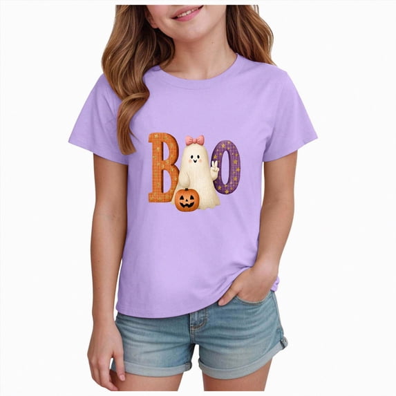 Ulanda Toddler Baby Girls Halloween T-Shirt Ghost Graphic Shirt Kids Cute Funny Spooky Season Short Sleeve Tees Top (Purple, 3-4 Years)