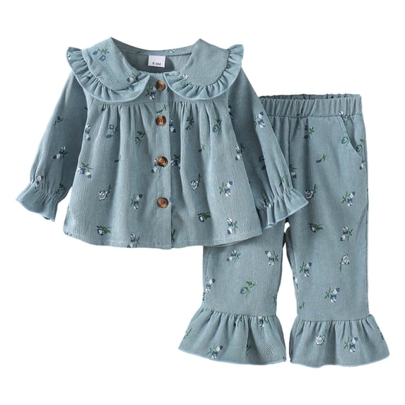Ulanda Toddler Baby Girls Plaid Outfits Gingham Ruffled Long Sleeve Tops Dress Long Pants Set Little Girl 2Pcs Summer Clothes (Blue, 18-24 Months)