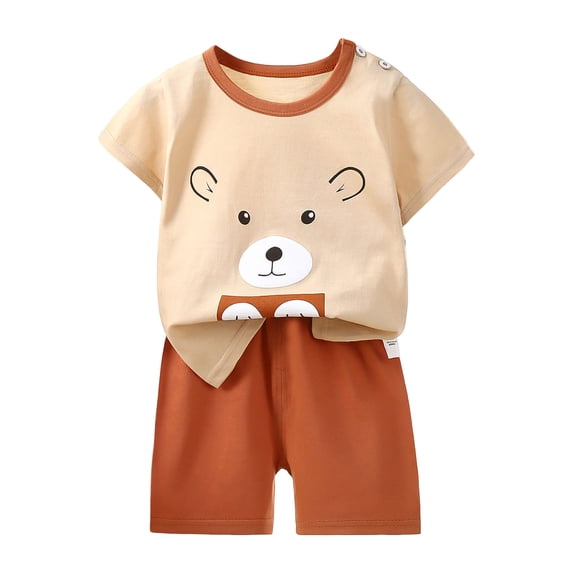 Ulanda Toddler Boy Clothes Baby Summer Outfits Cute Cotton Outfits Cartoon Short Sleeve Tee + Shorts 6M-6Y (Brown, 12-18 Months)