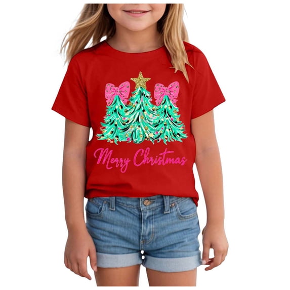 Ulanda Toddler Boy Girl Christmas Shirt Kid Xmas Tshirt Cotton Short Sleeve Tee Top (Red, 5-6 Years)