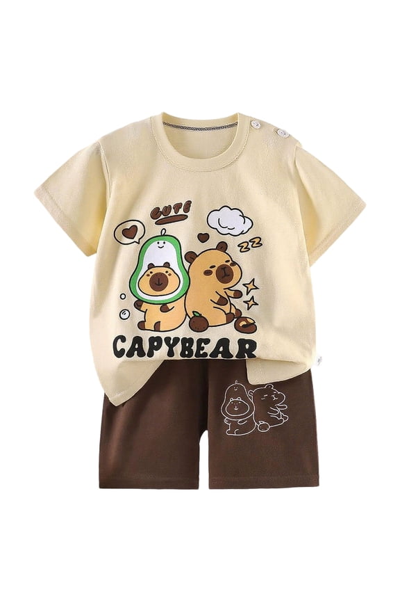 Toddler Boy Summer Clothes Short Sleeve Dinosaur T Shirt Cartoon Shorts Baby Outfits Clothing Set (Beige, 3-4 Years)