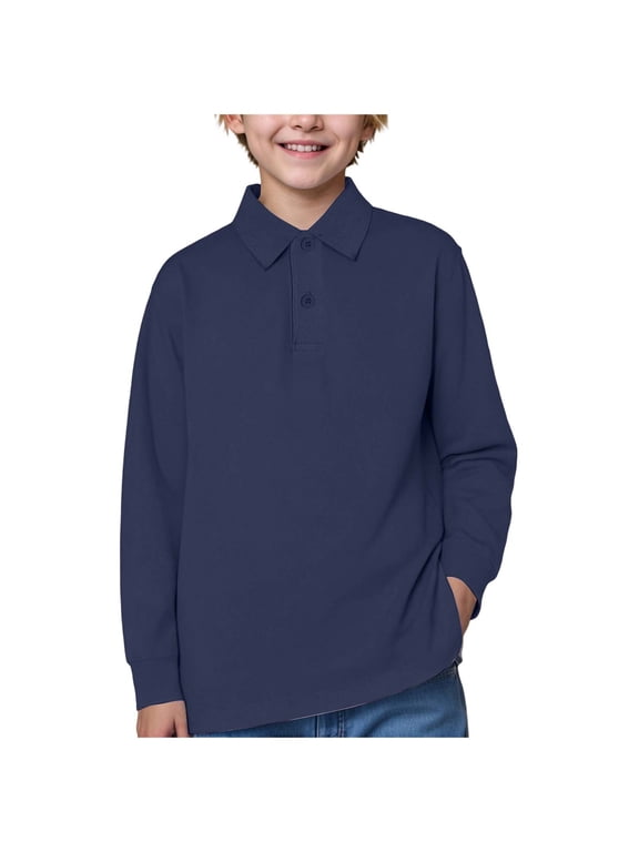 Toddler Boys Long Sleeve Polo Shirts School Uniform Dress Shirt Size18M-5T (Dark Blue, 5-6 Years)
