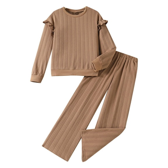 Ulanda Toddler Girl 2Pcs Ribbed Knit Clothes Ruffle Trim Long-sleeve Pullover Sweatshirt and Leggings Fall Outfits 1-6T (Coffee, 7-8 Years)