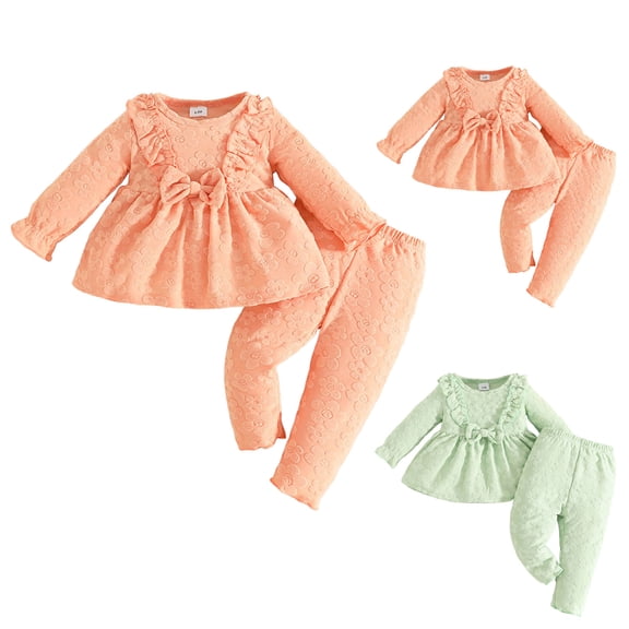 Ulanda Toddler Girl Clothes Fall Knit Ribbed Long Sleeve Shirt Ruffle Tops Pants Set 1T 2T 3T 4T 5T Little Kids Outfit (Light Green, 9-12 Months)