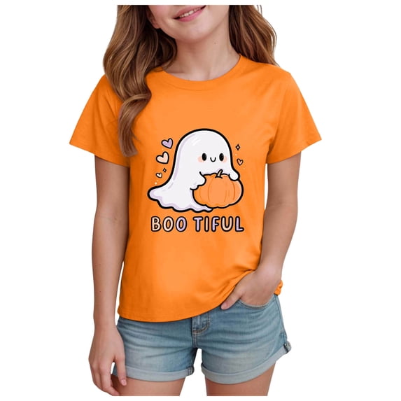 Ulanda Toddler Girl Halloween Ghost Graphic T-Shirt Baby Girl Shirt Short Sleeve Halloween Party Tee Tops (Orange, 7-8 Years)