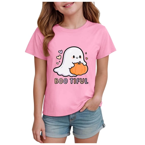 Ulanda Toddler Girl Halloween Ghost Graphic T-Shirt Baby Girl Shirt Short Sleeve Halloween Party Tee Tops (Pink, 2-3 Years)