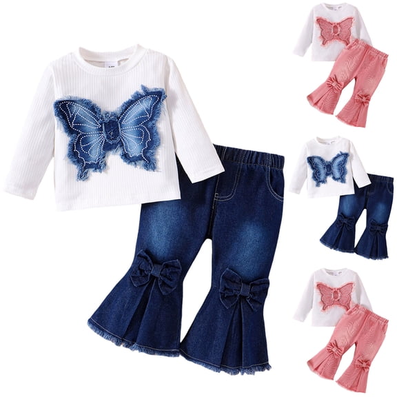 Ulanda Toddler Girl's 2 Piece Set Butterfly Print Long Sleeve Top Flare Denim Pants Outfits (Blue, 2-3 Years)