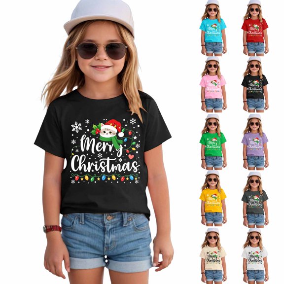 Ulanda Toddler Girls Christmas Shirts Short Sleeve Round Neck Tees T-Shirt Christmas Graphic Tees Holiday Tops Toddler to Big Kids (1-Beige, 2-3 Years)