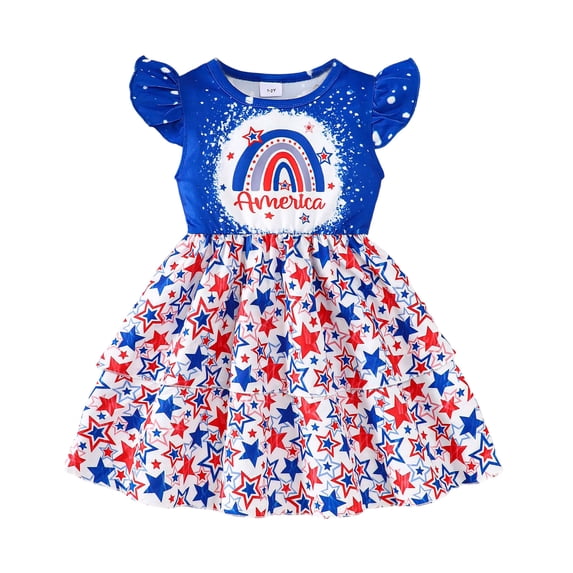 Ulanda Toddler Girls Summer Dress Ruffle Sleeve Dinosaur Dress Valentines 4th of July Casual Party Cloths 2-8 Years (Blue, 3-4 Years)