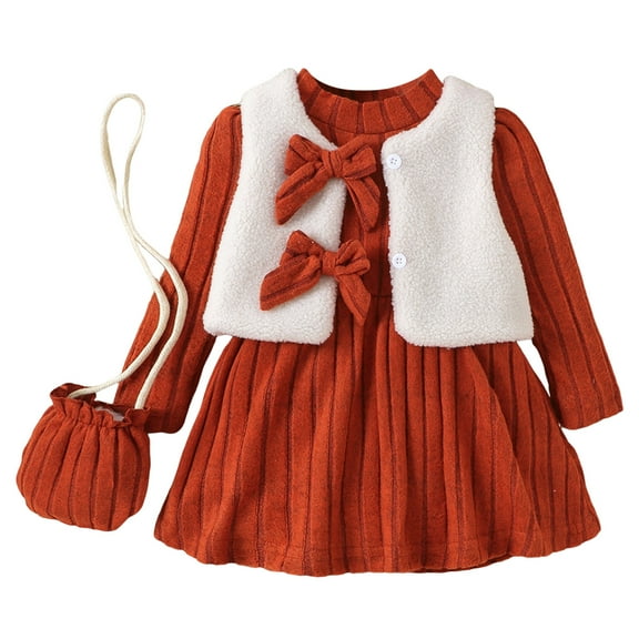 Ulanda Toddler Little Girls Dress Fall Winter Clothes Long Sleeve Shirt Dresses and Knit Vest Set Kids Girls Outfits (Red, 2-3 Years)