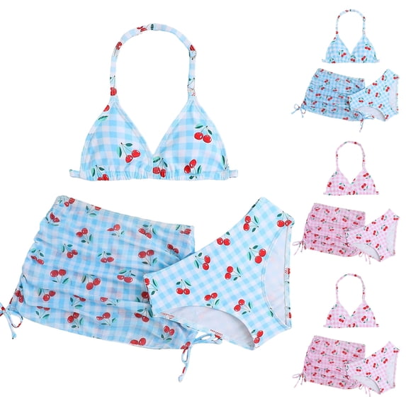 Ulanda Tween Girls 3 Piece Bikini Set Strawberry Print Cute Bathing Suits Kids High Waisted Ruched Swimsuits with Skirt Cover Up (Pink, 7-8 Years)