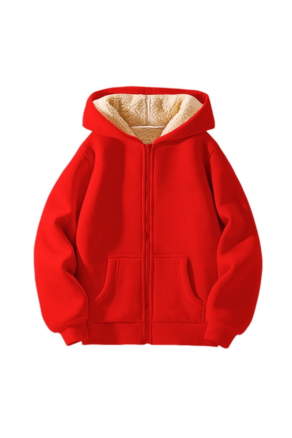 Unisex Boys Girls Fleece Lined Sherpa Hoodies Kids Warm Winter Hoodies Pullover Hooded Sweatshirt Sweater (Red, 10-11 Years)