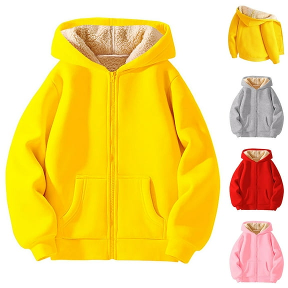 Ulanda Youth Boys Girls Fleece Hoodies Sherpa Lined Zip Up Hooded Jacket Kids Heavyweight Winter Sweatshirt Oversized Hoodie (Yellow, 5-6 Years)