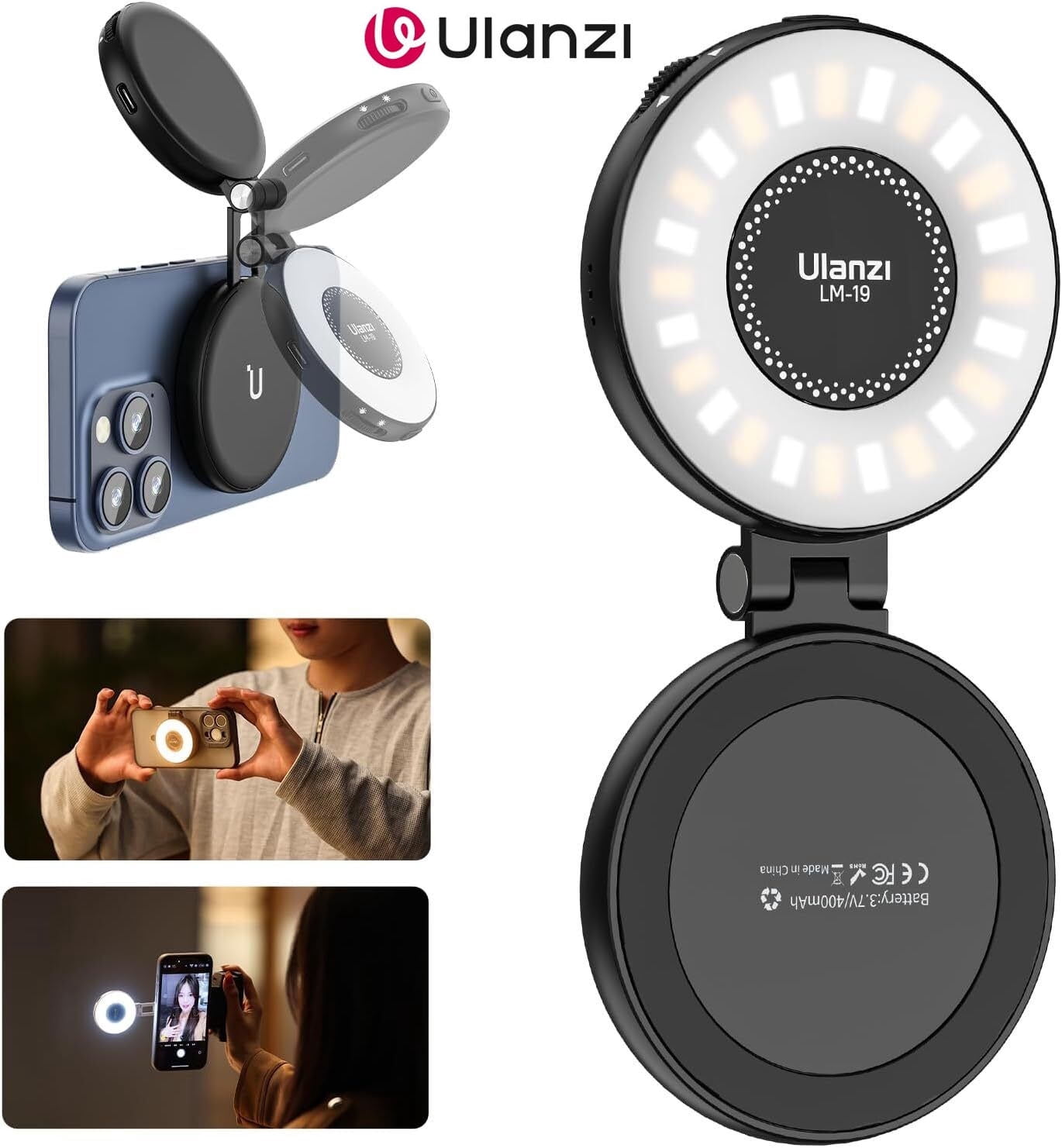 Ulanzi LM19 MagSafe Light Portable Selfie Light for iPhone 16 15 14 13 12 Pro Max Fill Light Phone Stand for Selfie Video Vlog