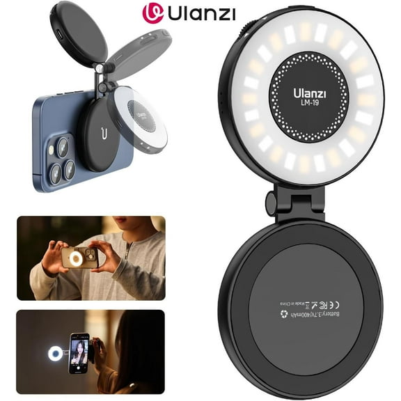 Ulanzi LM19 MagSafe Light Portable Selfie Light for iPhone 16 15 14 13 12 Pro Max Fill Light Phone Stand for Selfie Video Vlog