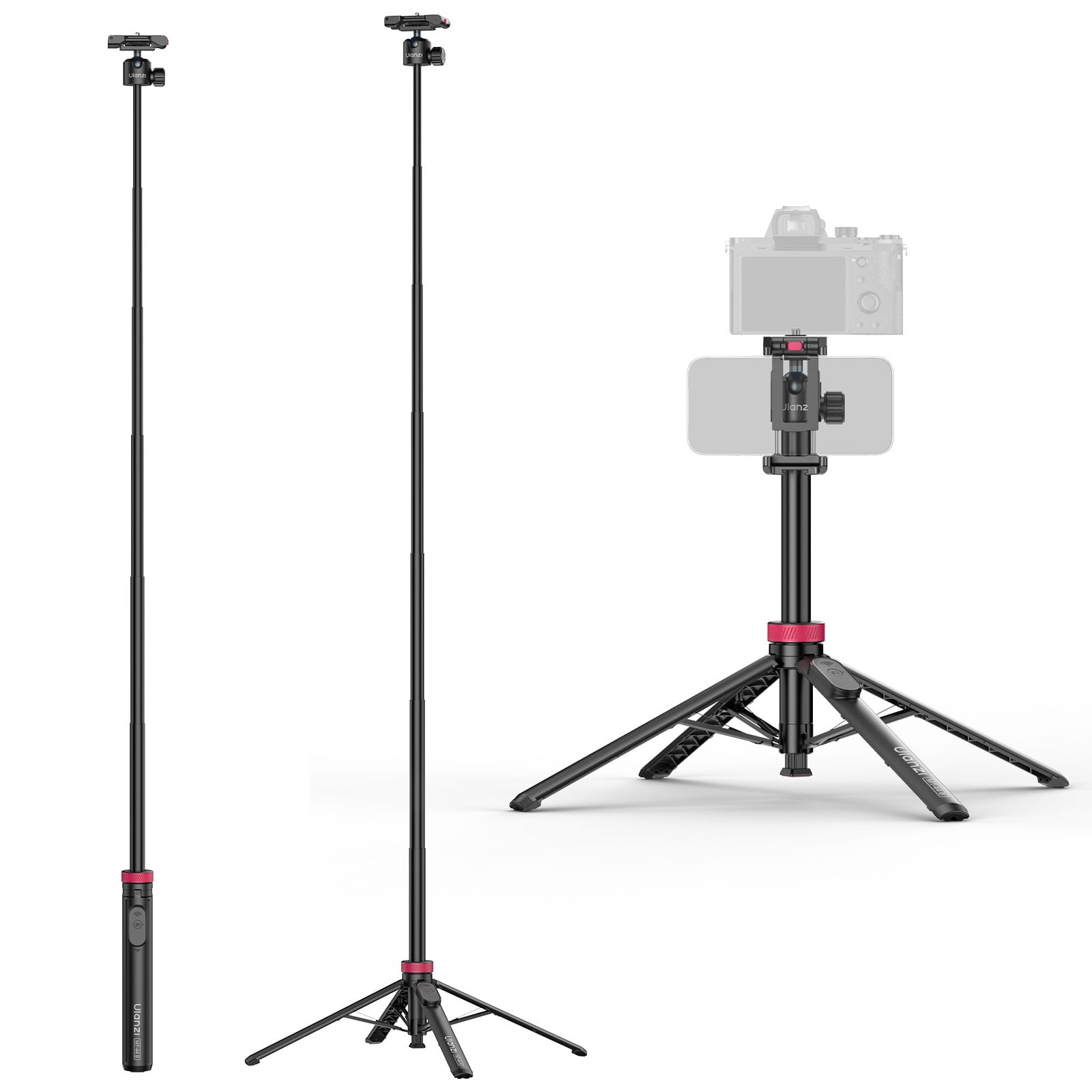 Ulanzi MT-44 B 2-in-1 Selfie Stick Tripod, Auto-Deploy Floor Tripod, 149cm Extendable Pole, Bluetooth Remote, Dual Camera Support for Phone & Mirrorless Cameras