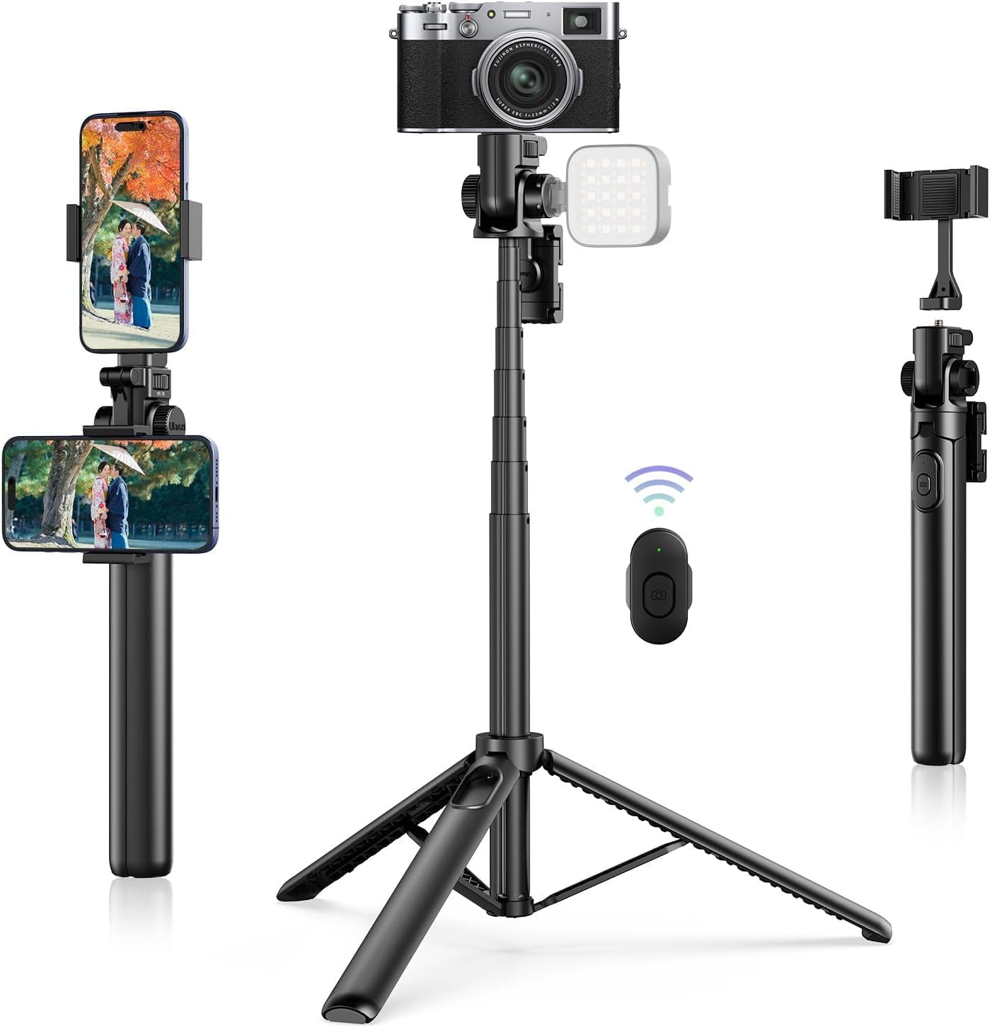 Ulanzi MT-70 Extendable Tripod,63" Selfie Stick Vlog Tripod Stand With 2 Phone Clips for Smartphone Camera