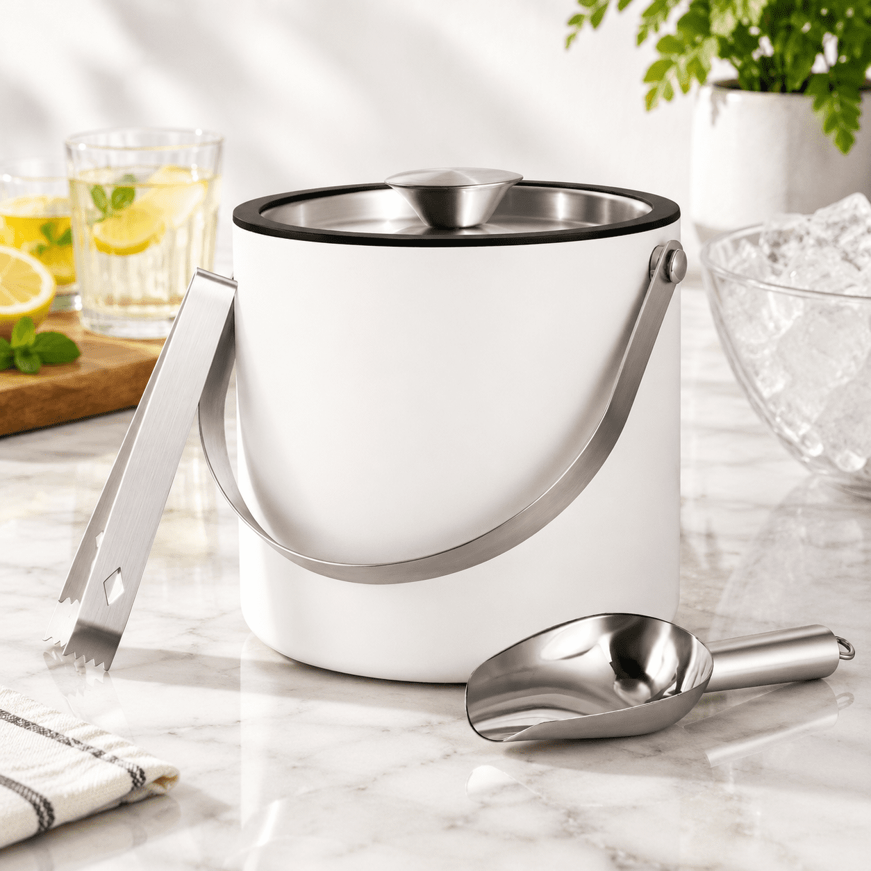 Ulated Ice Bucket With Silicone Lid Scoop Tongs & Strainer 3l Stainless ...