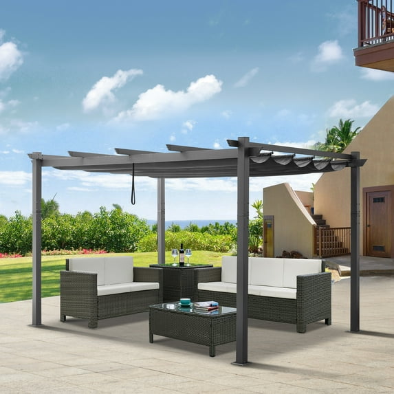 Ulax Furnitiure 10Ft x 13Ft Patio Aluminum Retractable Pergola with UV-Proof Canopy, Gray