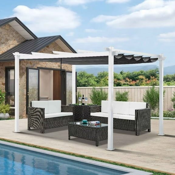 Ulax Furnitiure 10Ft x 13Ft Patio Aluminum Retractable Pergola with UV-Proof Canopy, White